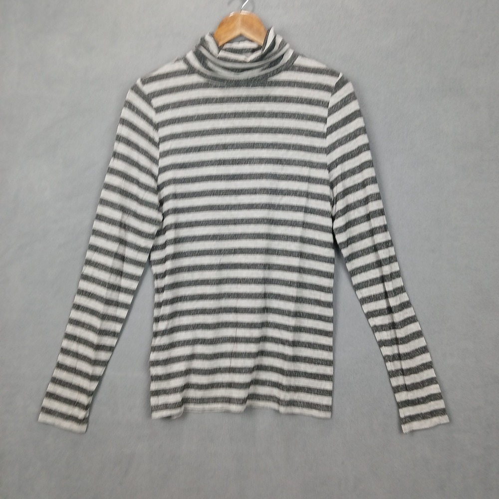 Loft Ribbed Knit Top Womens Large Gray Black Metallic Shimmer Striped Turtleneck
